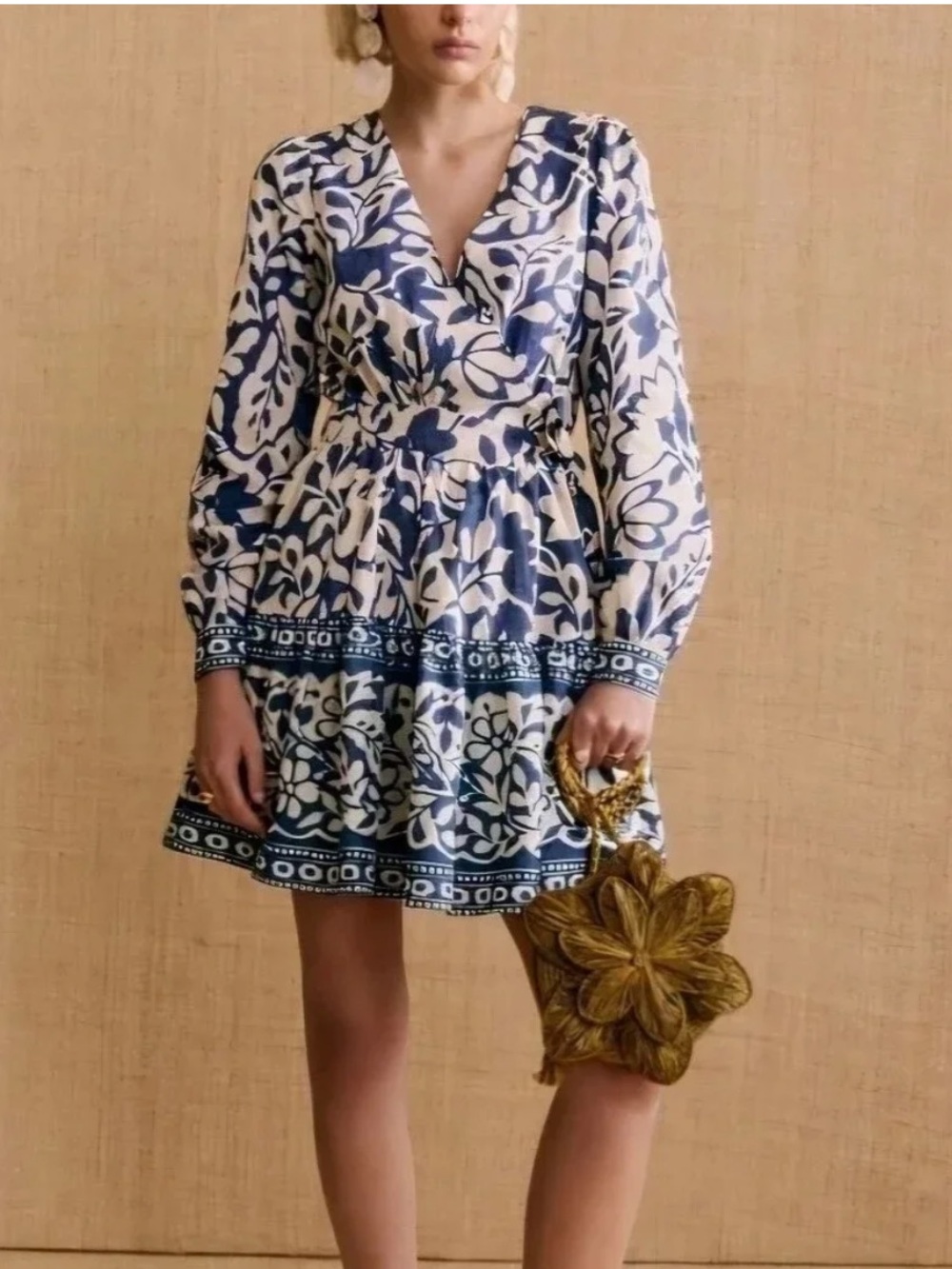 Sezane x Momoni blue floral long sleeve linen wrap mini dress